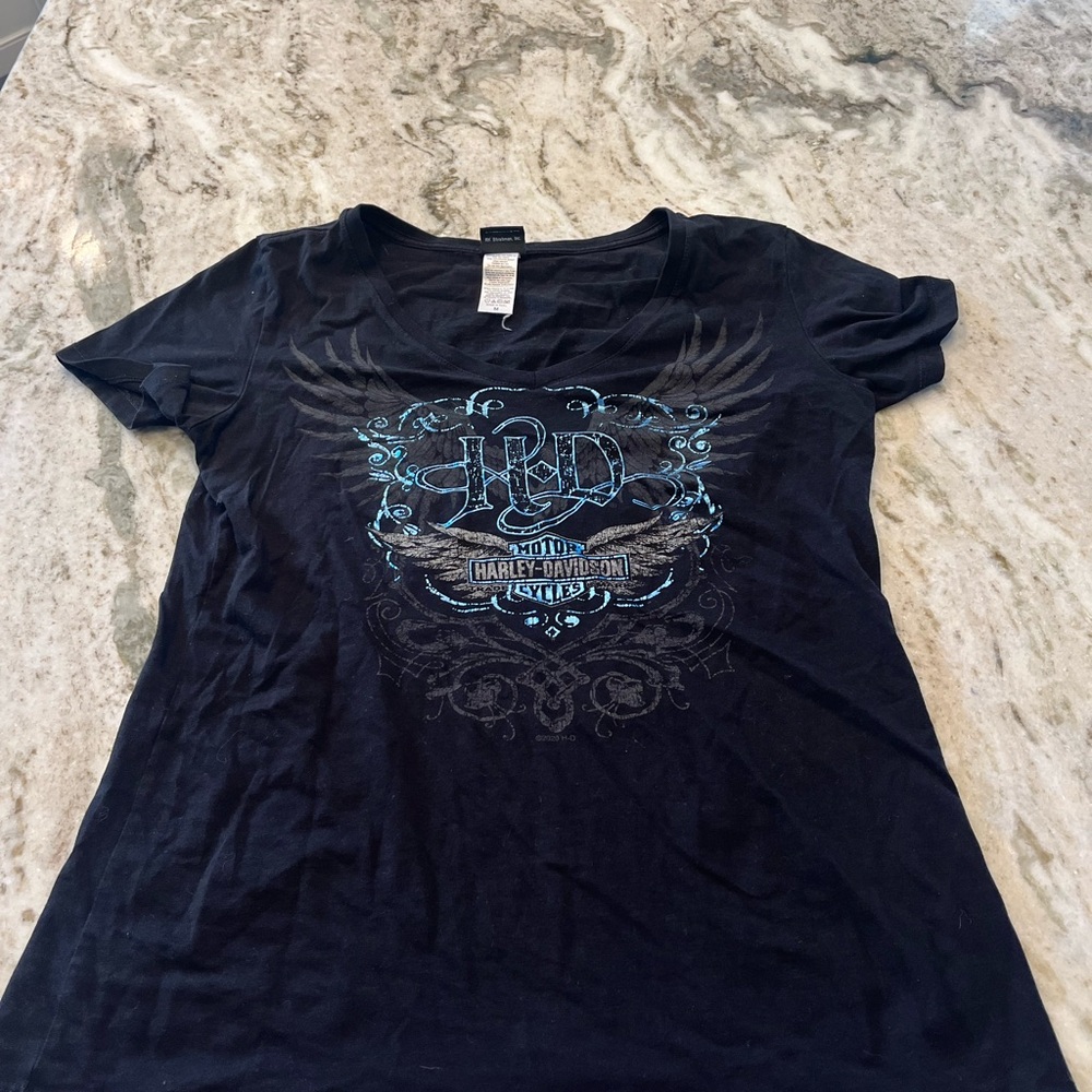 Women's M Harley Davidson V- Neck Black Short Sleeve T-Shirt 100%‎ Cotton